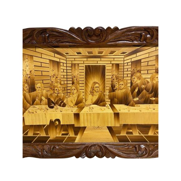 Vintage Last Supper Picture Inlaid Bamboo In Carved Wood Frame 14”x26” - Picture 3 of 5